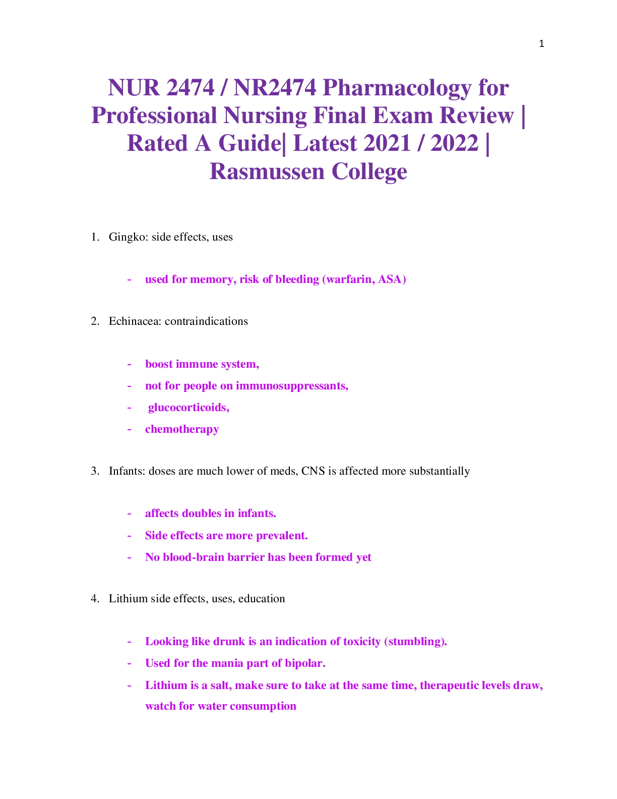 Preview image for NUR 2474 / NR2474 Pharmacology for Professional Nursing Final Exam Review | Rated A Guide | Rasmussen College